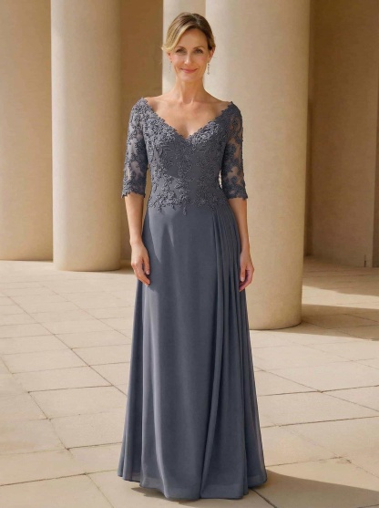 Elegant V-Neck 1/2 Sleeves Floor-Length Lace/Chiffon Mother Of The Bride Dresses With Pleated