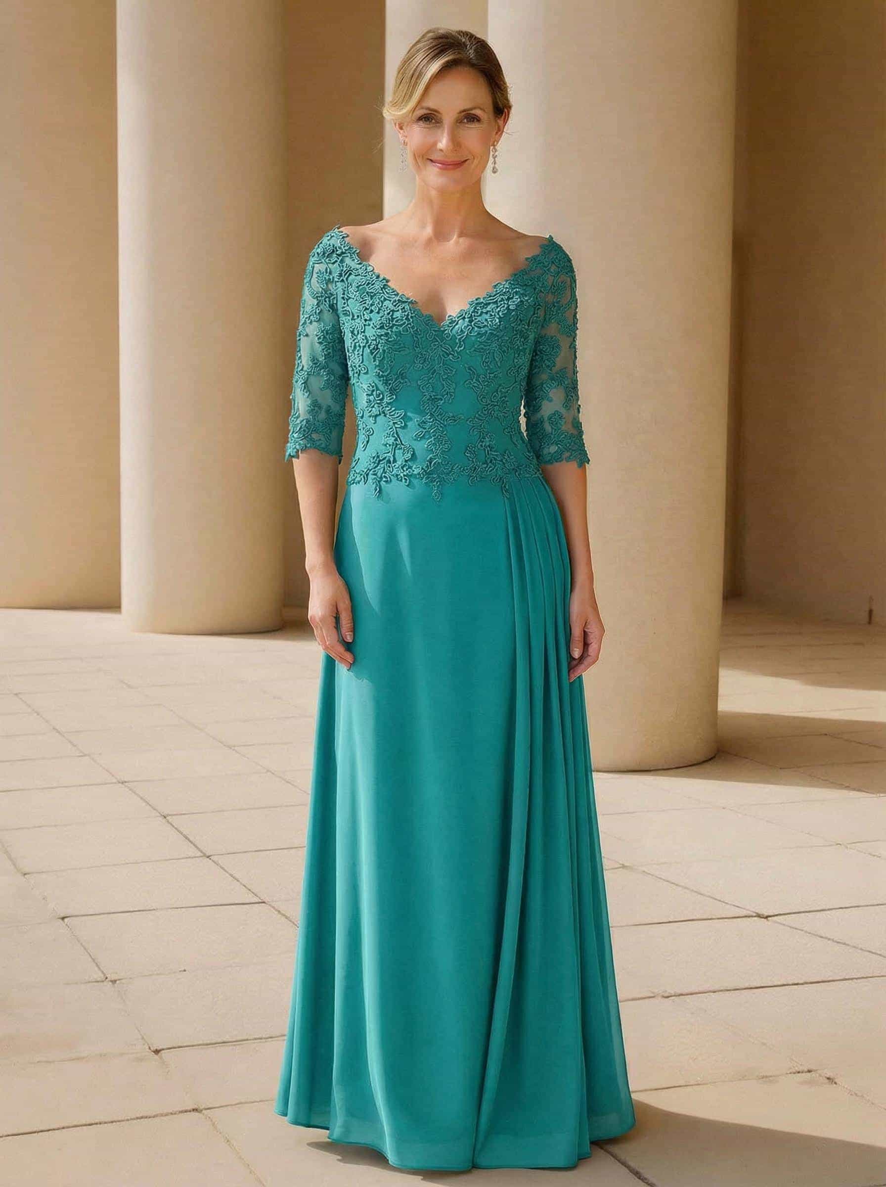 Elegant V-Neck 1/2 Sleeves Floor-Length Lace/Chiffon Mother Of The Bride Dresses With Pleated