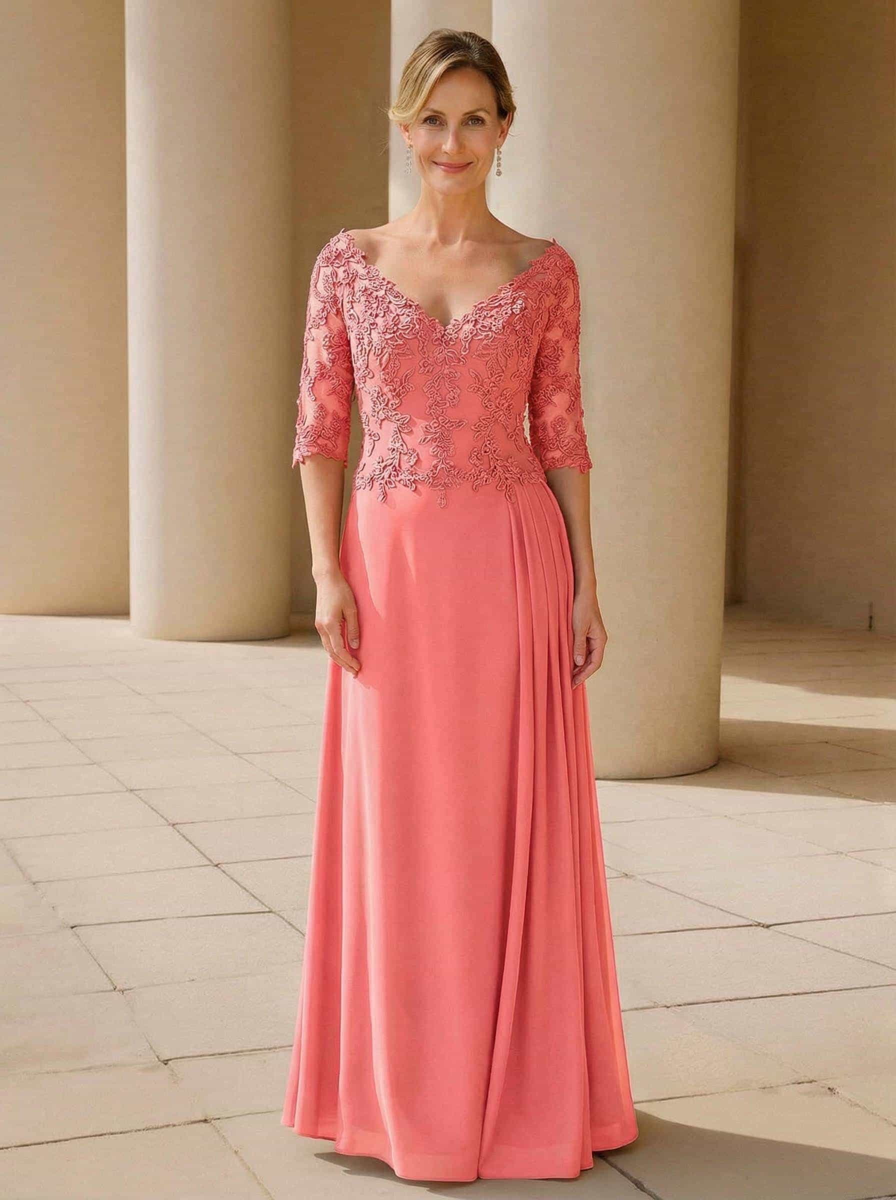 Elegant V-Neck 1/2 Sleeves Floor-Length Lace/Chiffon Mother Of The Bride Dresses With Pleated