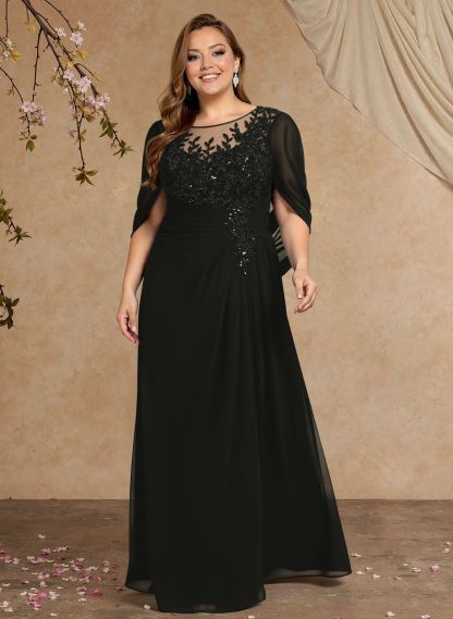 A-Line Illusion Neck Cape Sleeves Floor-Length Chiffon Mother Of The Bride Dresses