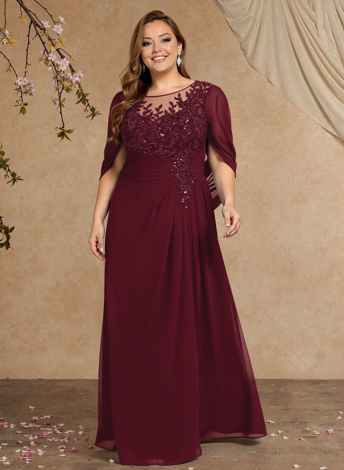 A-Line Illusion Neck Cape Sleeves Floor-Length Chiffon Mother Of The Bride Dresses