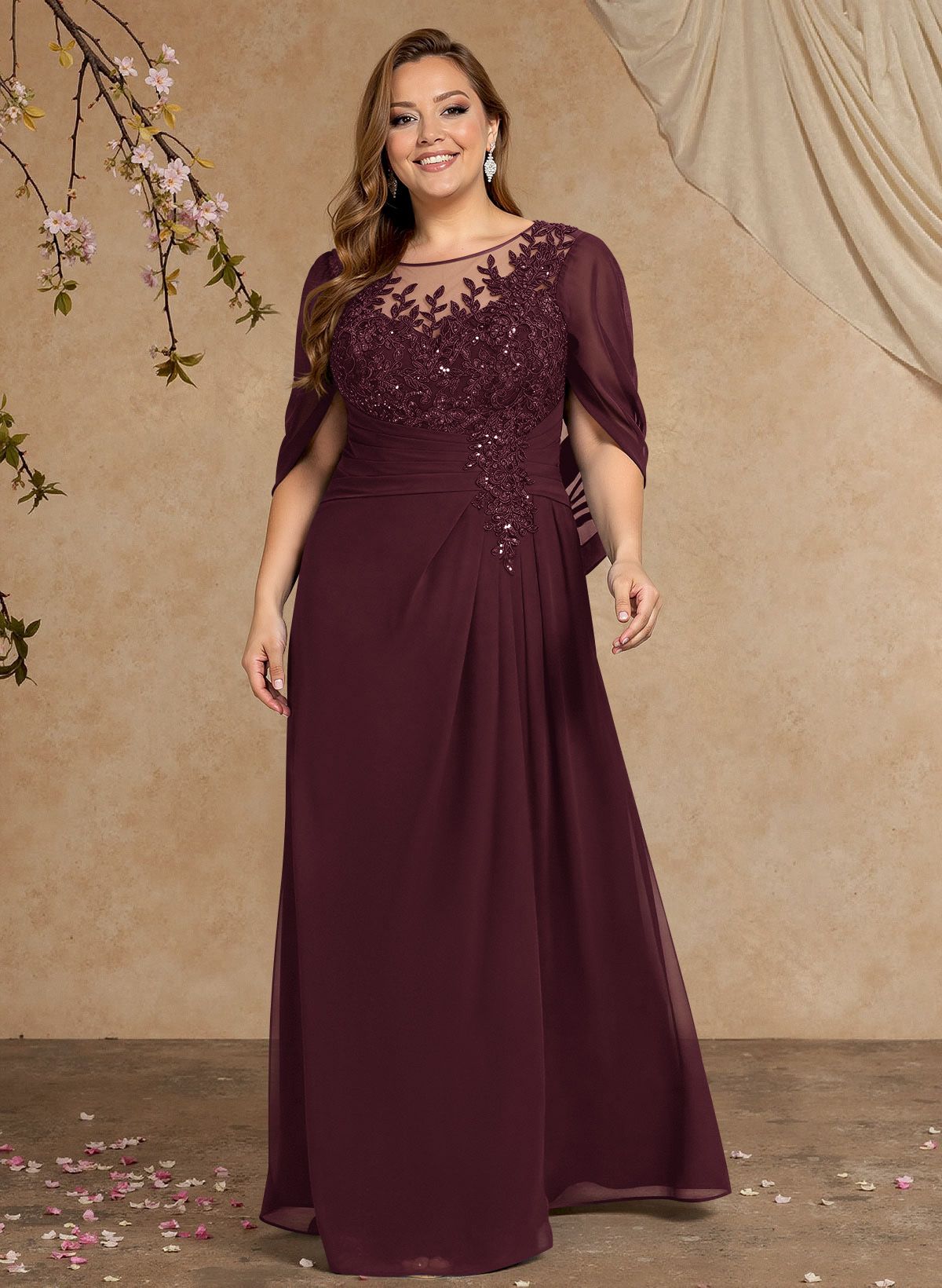 A-Line Illusion Neck Cape Sleeves Floor-Length Chiffon Mother Of The Bride Dresses