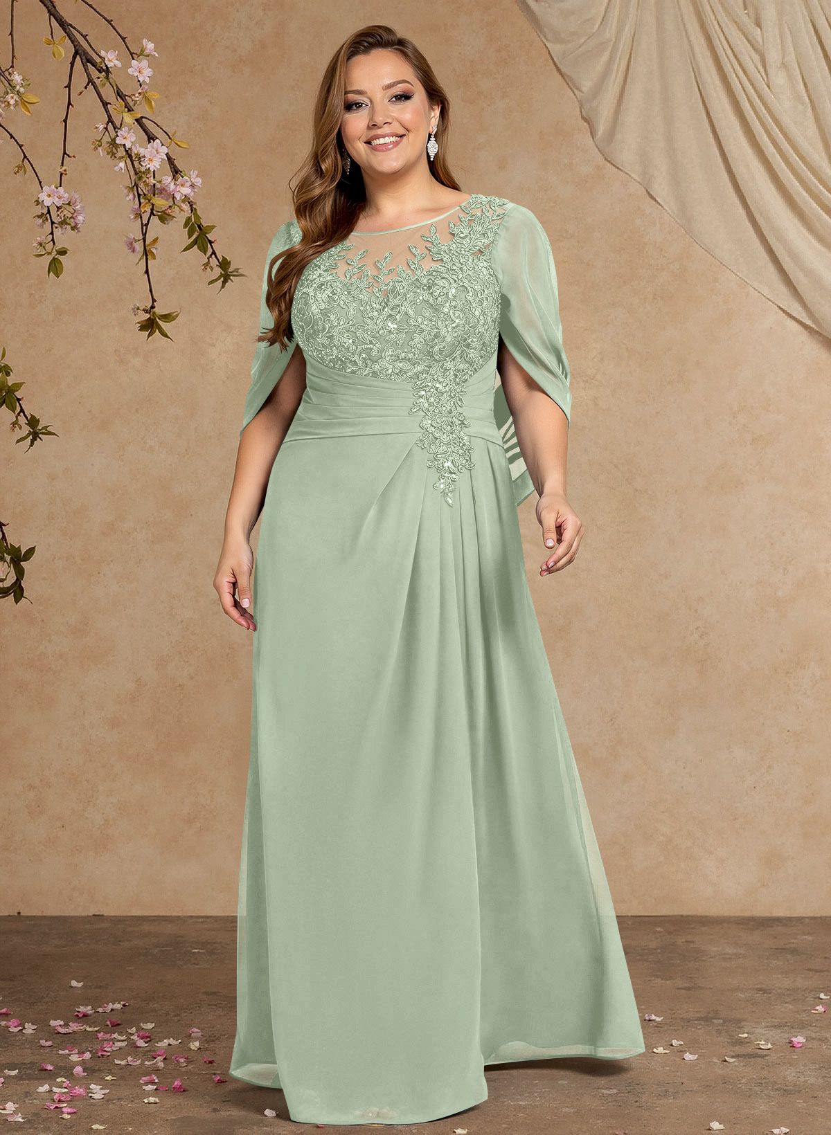 A-Line Illusion Neck Cape Sleeves Floor-Length Chiffon Mother Of The Bride Dresses
