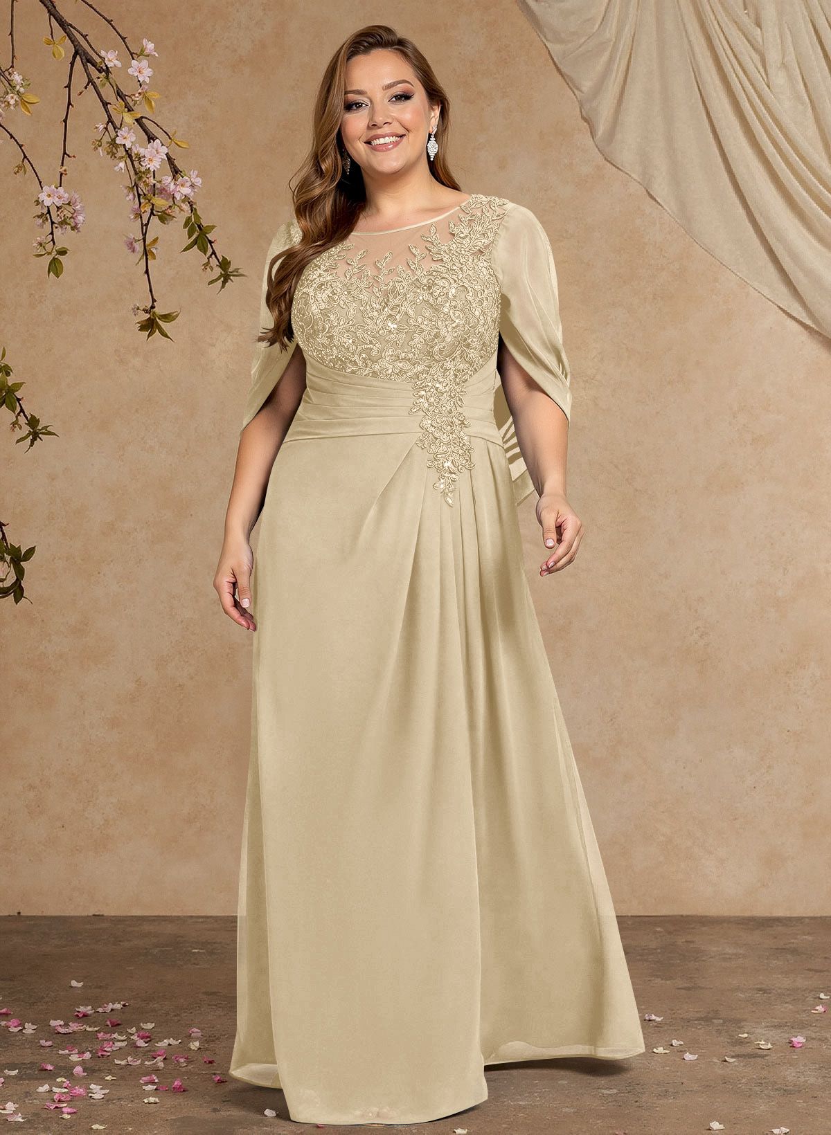 A-Line Illusion Neck Cape Sleeves Floor-Length Chiffon Mother Of The Bride Dresses