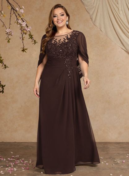 A-Line Illusion Neck Cape Sleeves Floor-Length Chiffon Mother Of The Bride Dresses