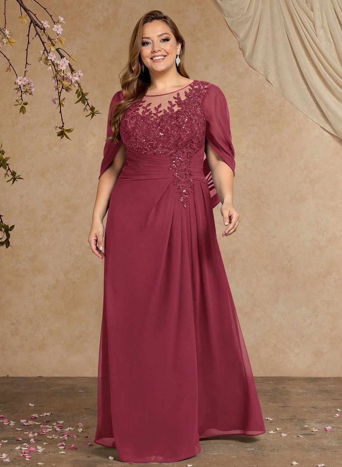 A-Line Illusion Neck Cape Sleeves Floor-Length Chiffon Mother Of The Bride Dresses