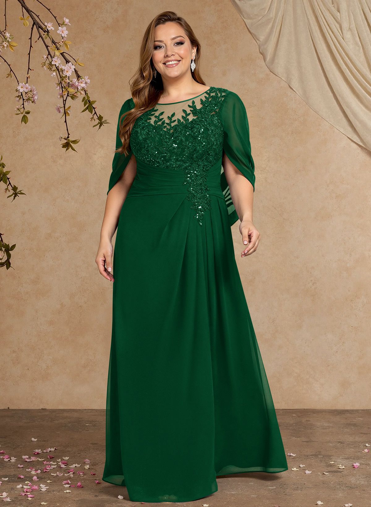 A-Line Illusion Neck Cape Sleeves Floor-Length Chiffon Mother Of The Bride Dresses