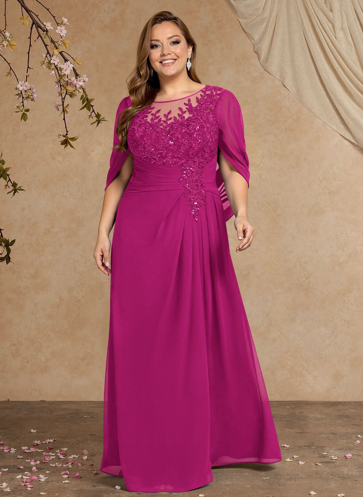 A-Line Illusion Neck Cape Sleeves Floor-Length Chiffon Mother Of The Bride Dresses