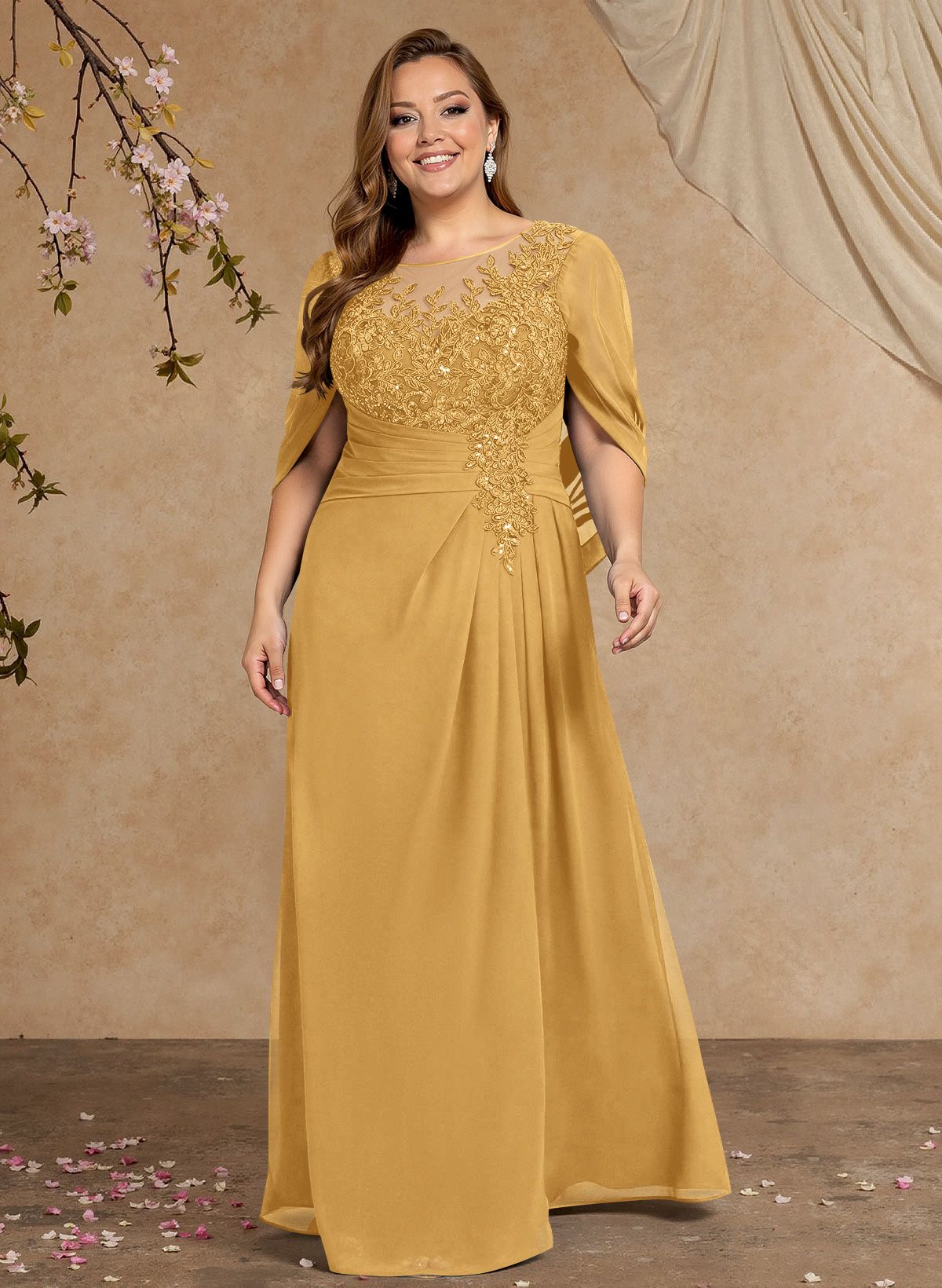 A-Line Illusion Neck Cape Sleeves Floor-Length Chiffon Mother Of The Bride Dresses