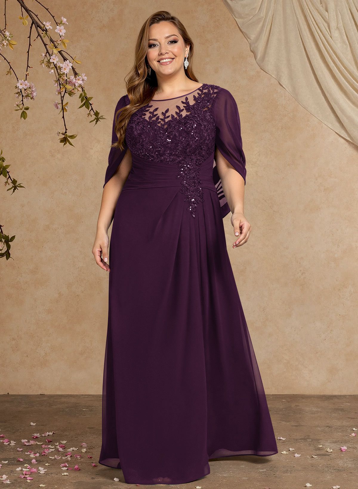 A-Line Illusion Neck Cape Sleeves Floor-Length Chiffon Mother Of The Bride Dresses