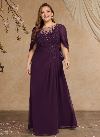 A-Line Illusion Neck Cape Sleeves Floor-Length Chiffon Mother Of The Bride Dresses