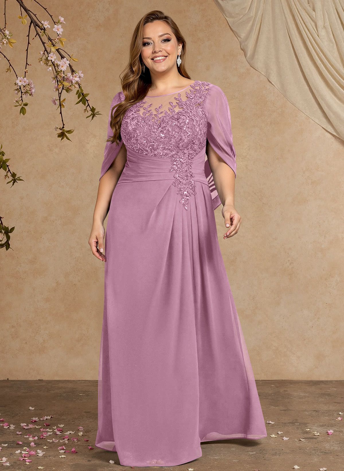 A-Line Illusion Neck Cape Sleeves Floor-Length Chiffon Mother Of The Bride Dresses