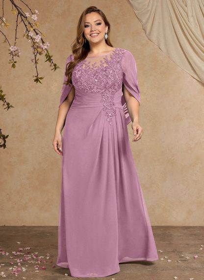 A-Line Illusion Neck Cape Sleeves Floor-Length Chiffon Mother Of The Bride Dresses