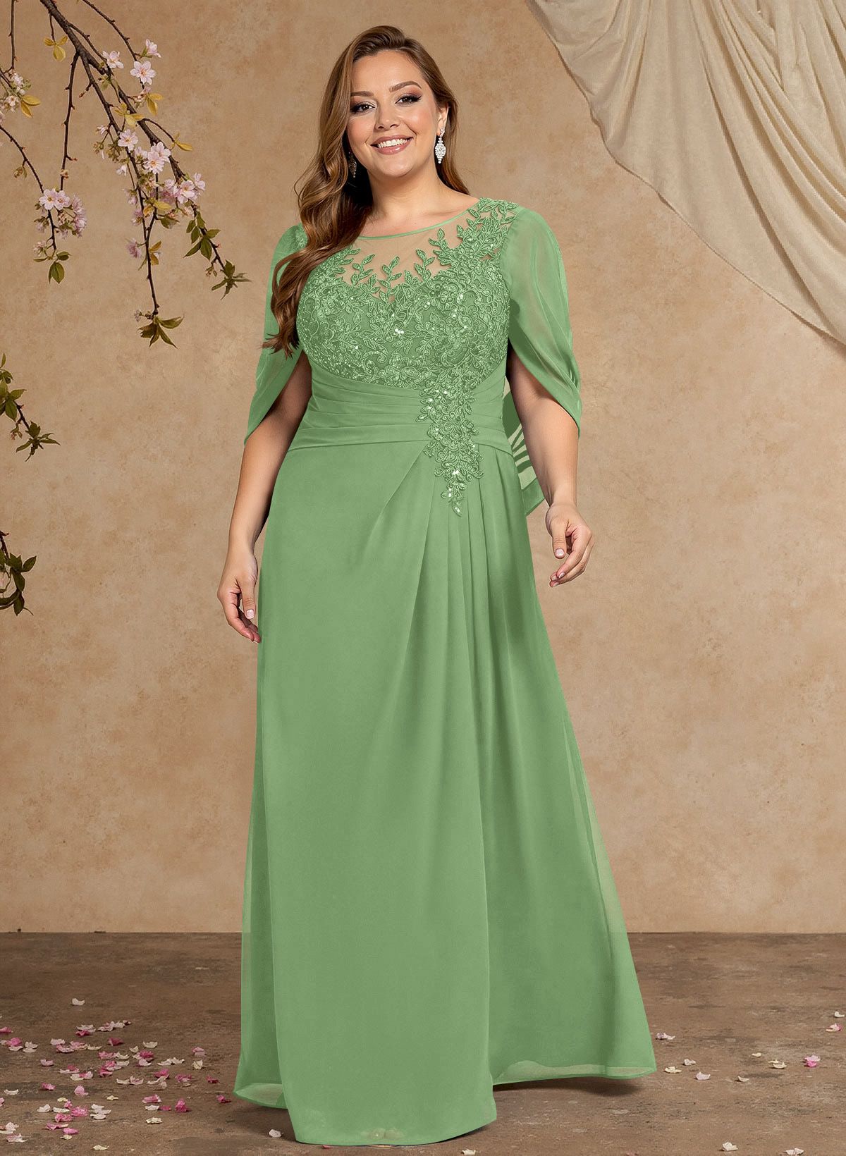 A-Line Illusion Neck Cape Sleeves Floor-Length Chiffon Mother Of The Bride Dresses
