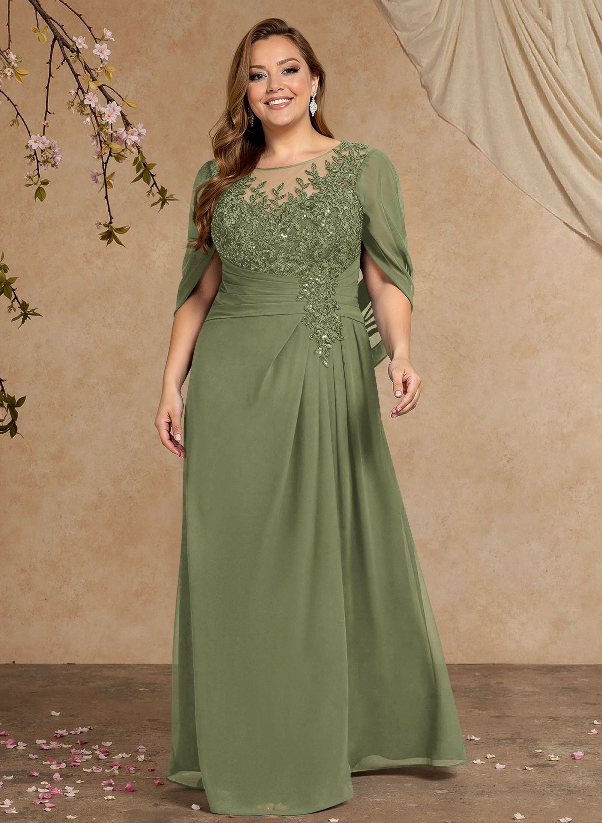 A-Line Illusion Neck Cape Sleeves Floor-Length Chiffon Mother Of The Bride Dresses