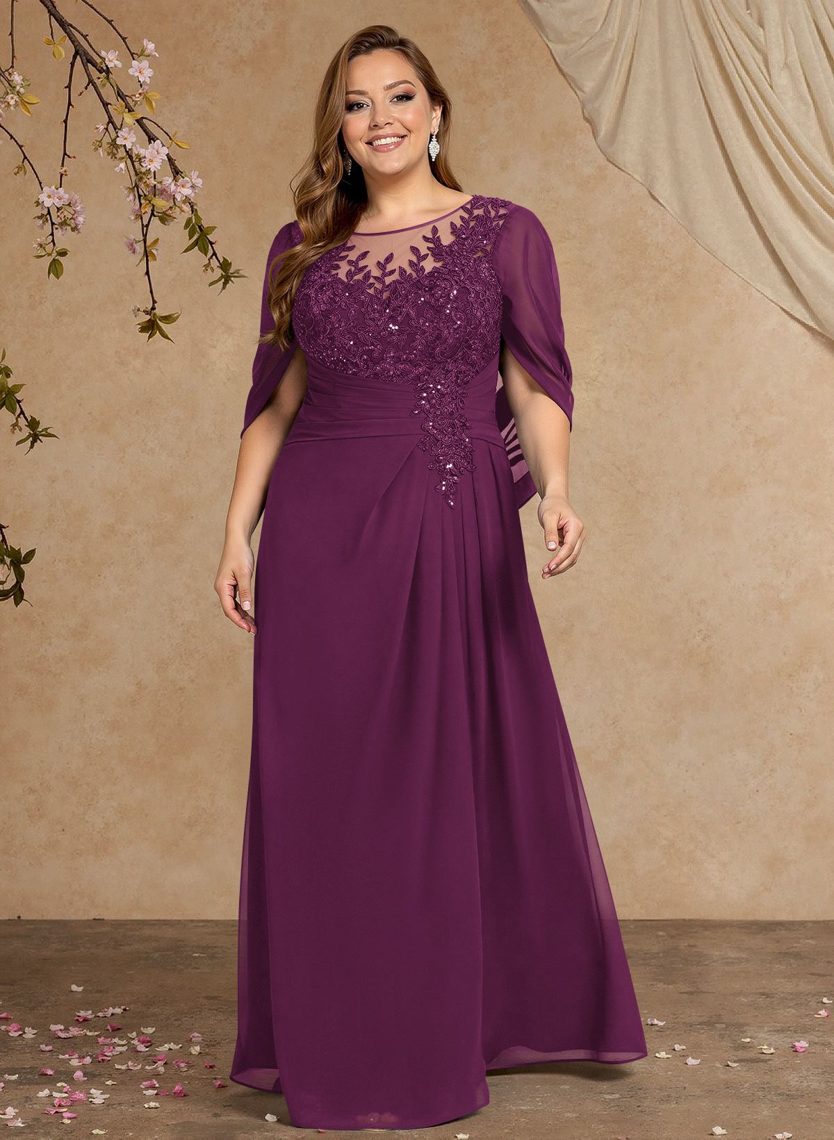 A-Line Illusion Neck Cape Sleeves Floor-Length Chiffon Mother Of The Bride Dresses