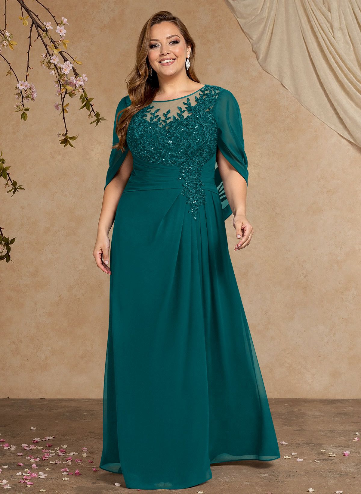 A-Line Illusion Neck Cape Sleeves Floor-Length Chiffon Mother Of The Bride Dresses