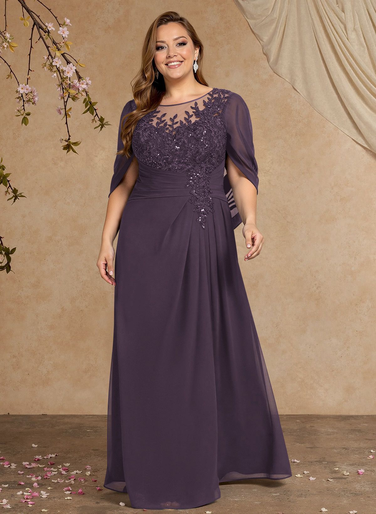 A-Line Illusion Neck Cape Sleeves Floor-Length Chiffon Mother Of The Bride Dresses