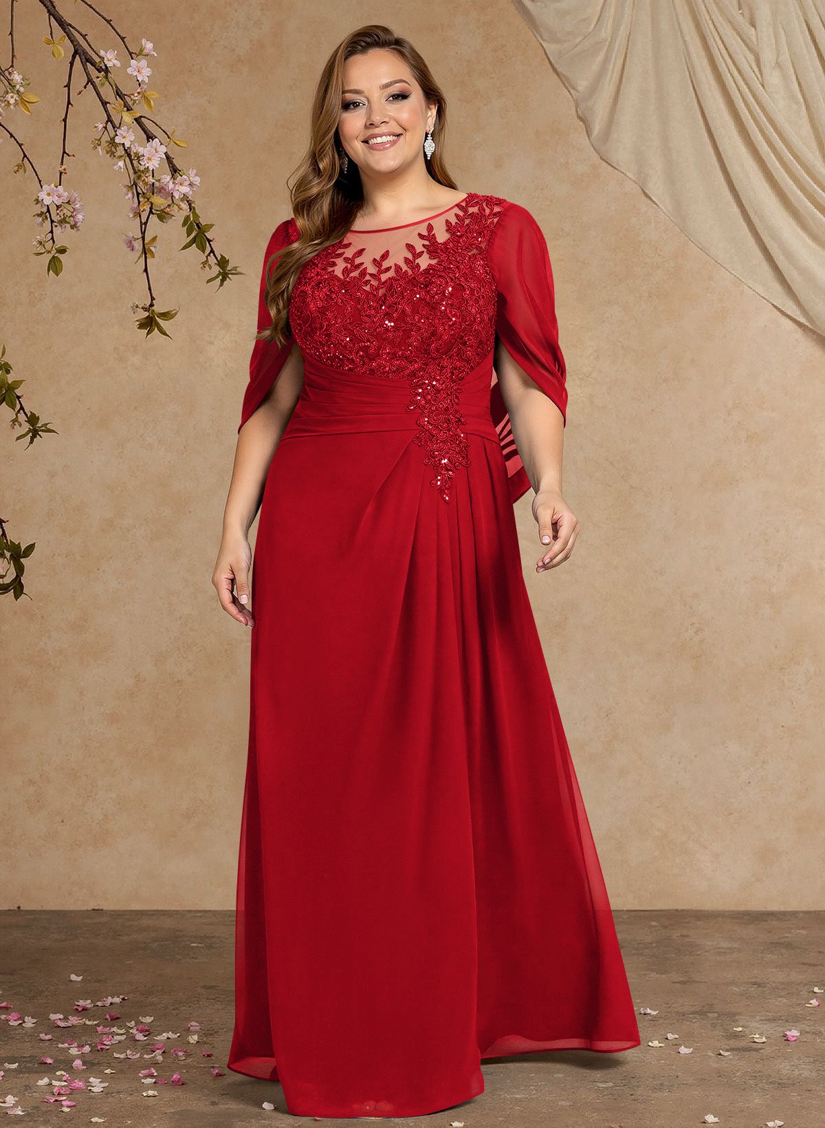 A-Line Illusion Neck Cape Sleeves Floor-Length Chiffon Mother Of The Bride Dresses