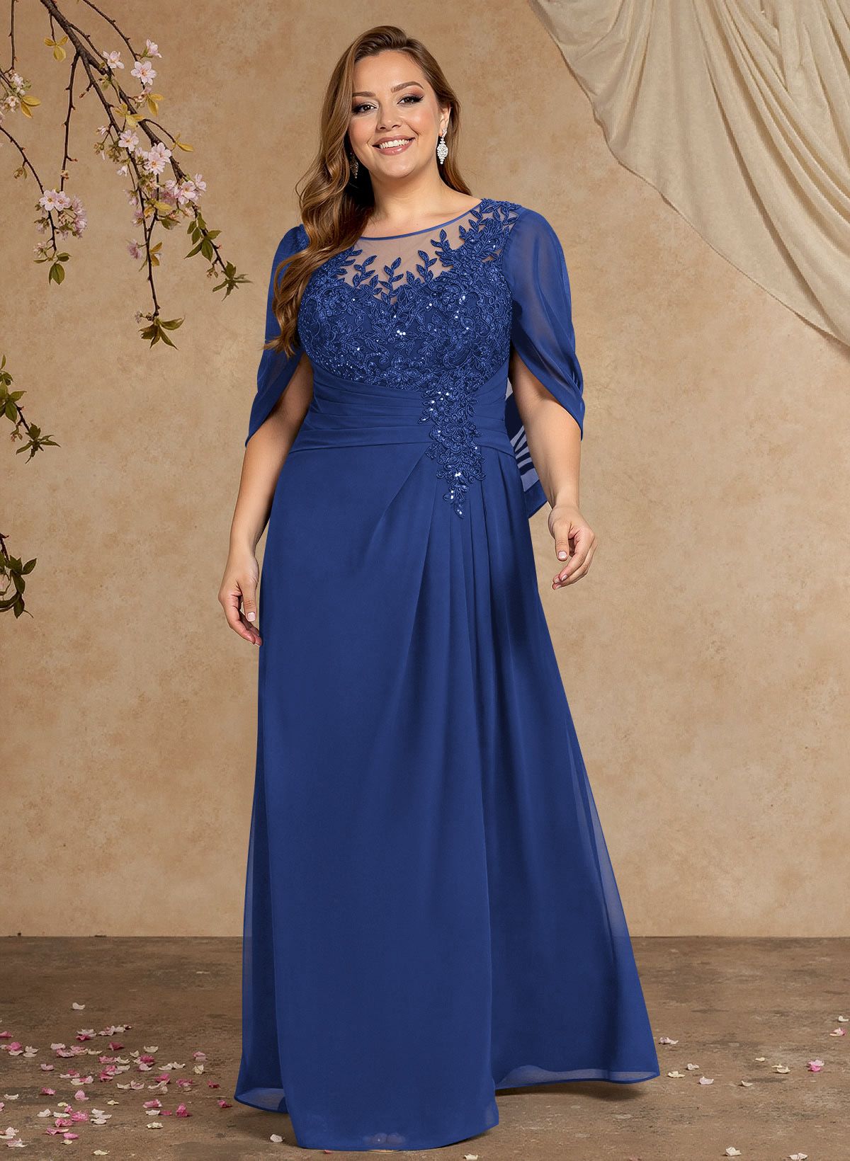 A-Line Illusion Neck Cape Sleeves Floor-Length Chiffon Mother Of The Bride Dresses