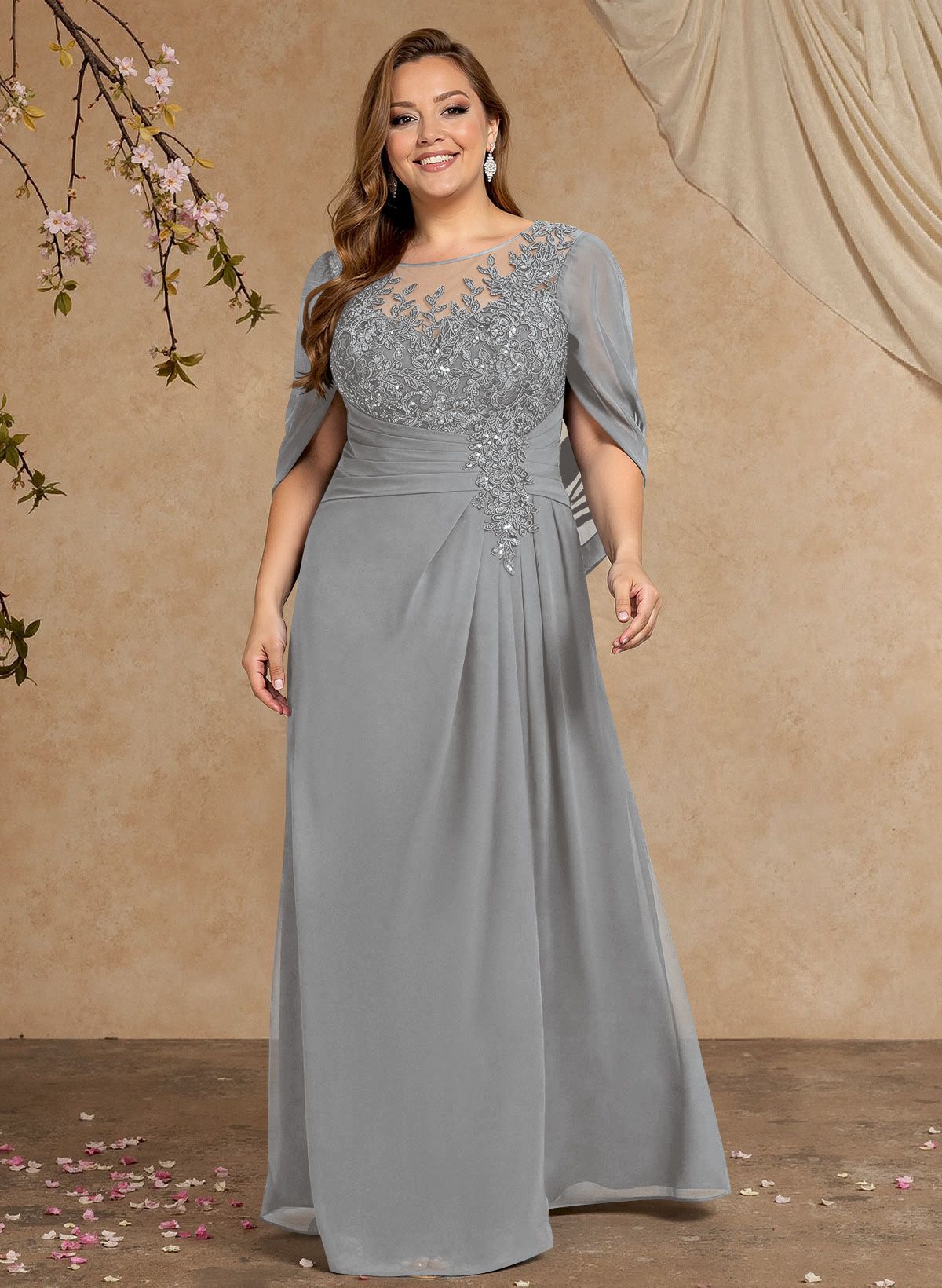 A-Line Illusion Neck Cape Sleeves Floor-Length Chiffon Mother Of The Bride Dresses