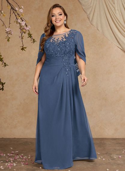 A-Line Illusion Neck Cape Sleeves Floor-Length Chiffon Mother Of The Bride Dresses