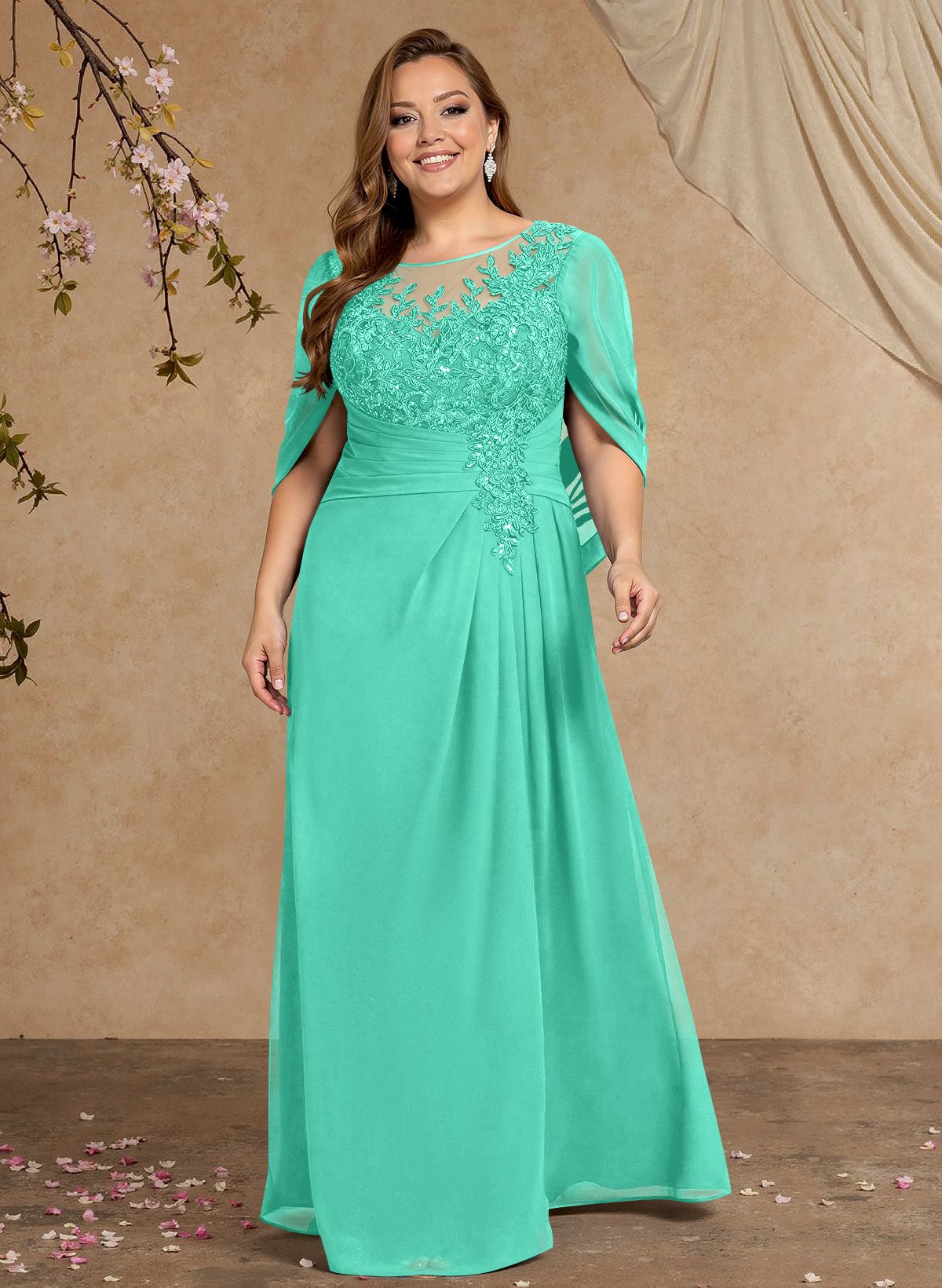 A-Line Illusion Neck Cape Sleeves Floor-Length Chiffon Mother Of The Bride Dresses