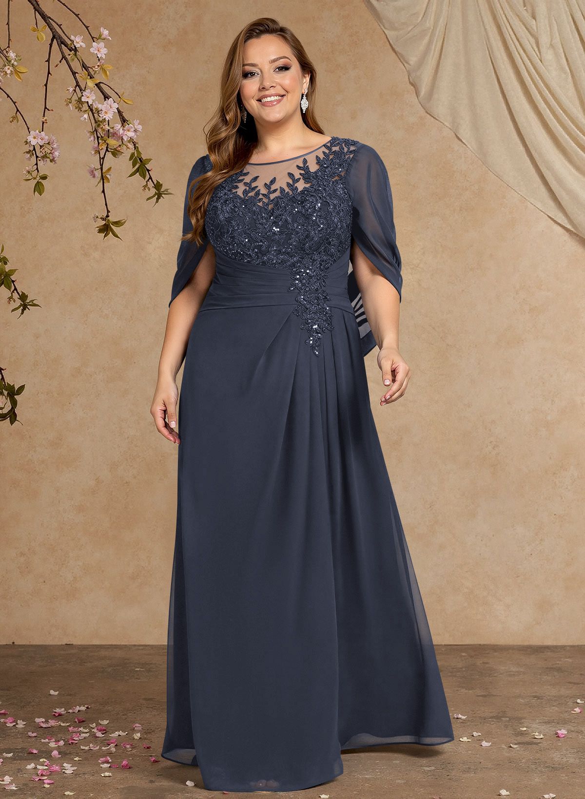 A-Line Illusion Neck Cape Sleeves Floor-Length Chiffon Mother Of The Bride Dresses
