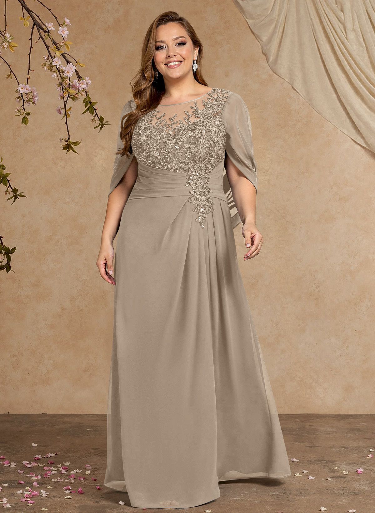 A-Line Illusion Neck Cape Sleeves Floor-Length Chiffon Mother Of The Bride Dresses
