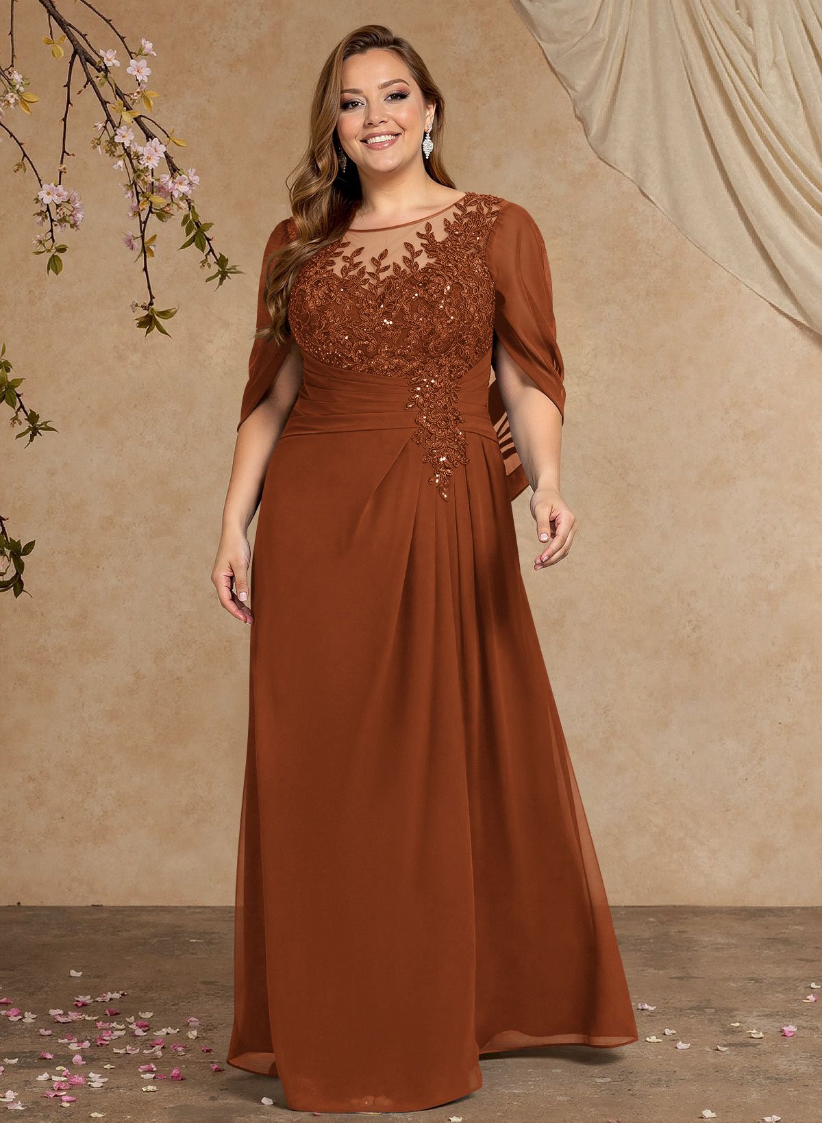 A-Line Illusion Neck Cape Sleeves Floor-Length Chiffon Mother Of The Bride Dresses