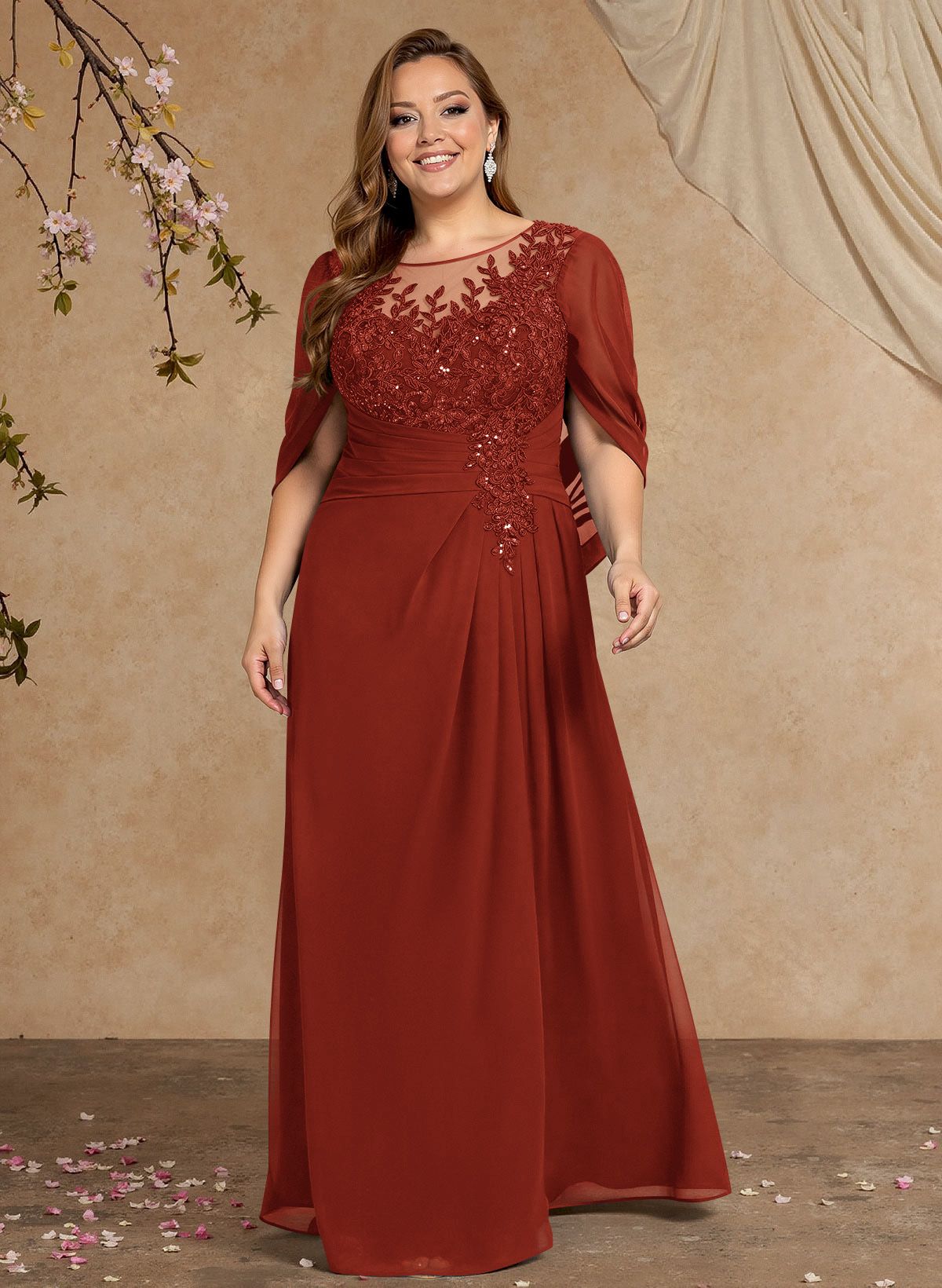 A-Line Illusion Neck Cape Sleeves Floor-Length Chiffon Mother Of The Bride Dresses