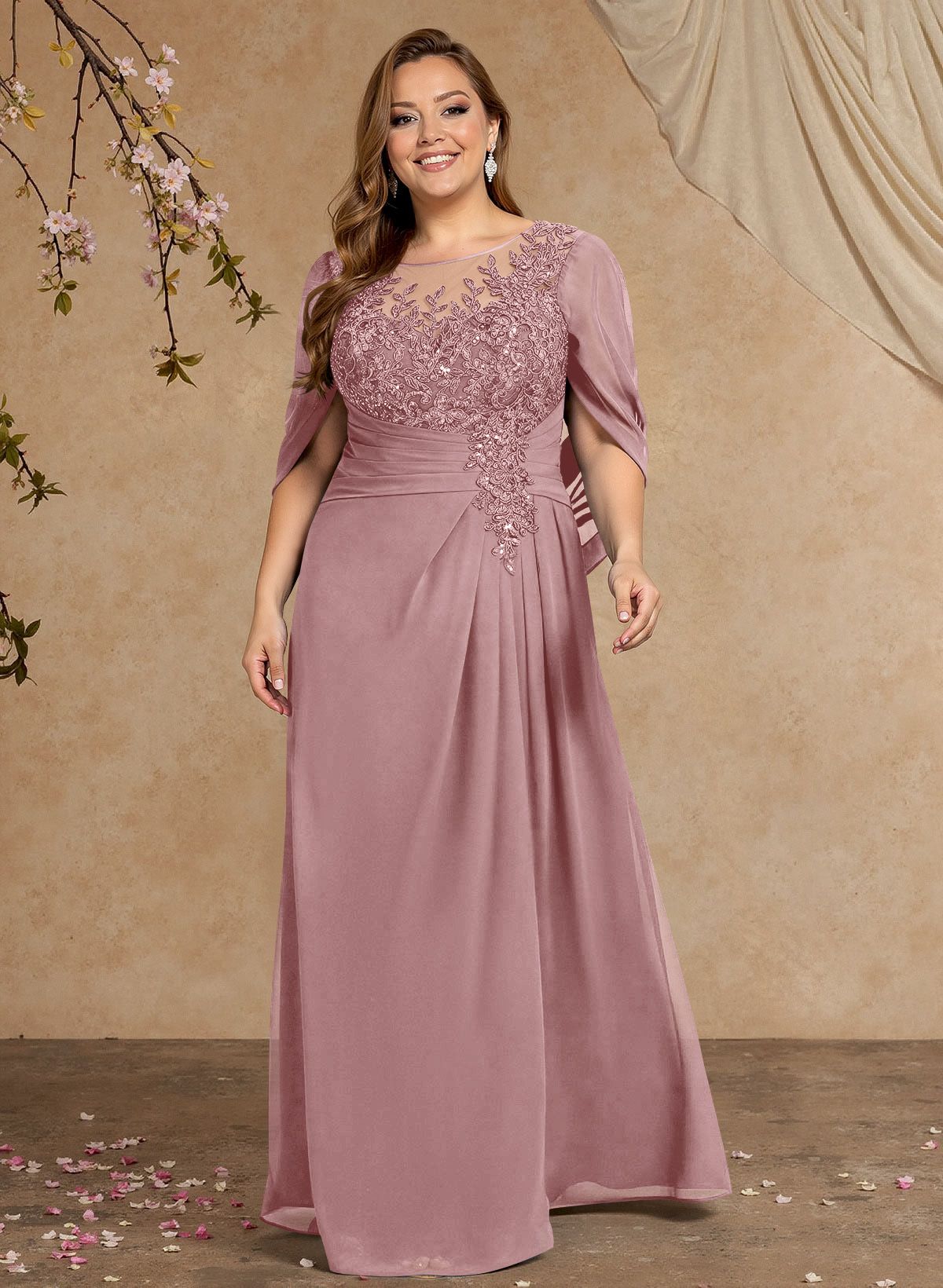 A-Line Illusion Neck Cape Sleeves Floor-Length Chiffon Mother Of The Bride Dresses