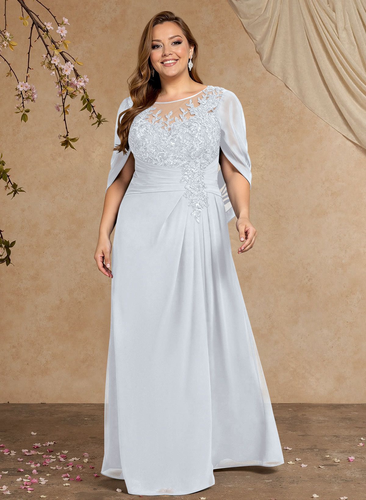 A-Line Illusion Neck Cape Sleeves Floor-Length Chiffon Mother Of The Bride Dresses