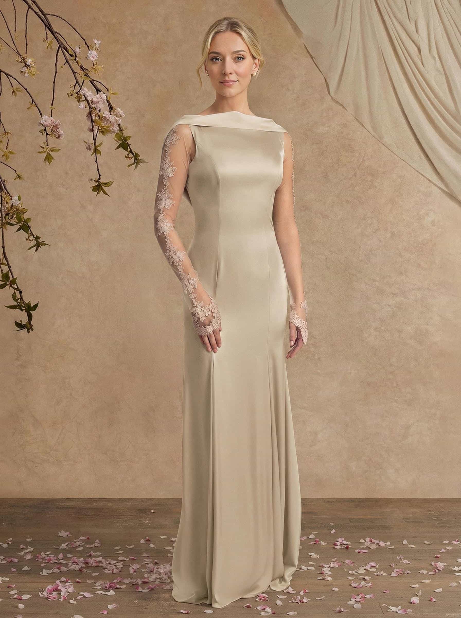 Sheath/Column Long Sleeves Sweep Train Crepe Satin Mother Of The Bride Dresses With Appliques Lace