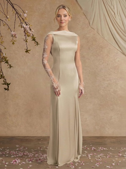 Sheath/Column Long Sleeves Sweep Train Crepe Satin Mother Of The Bride Dresses With Appliques Lace