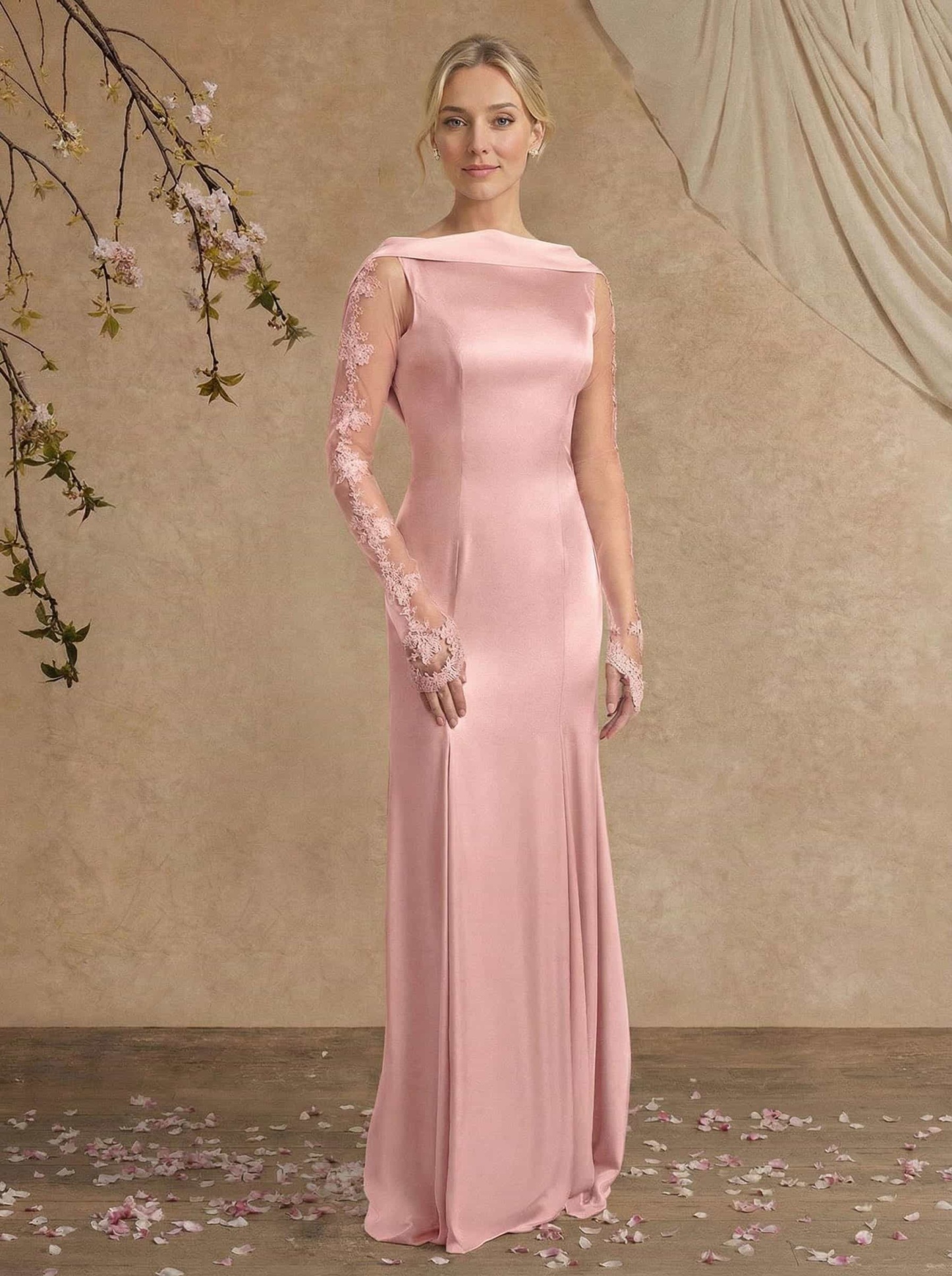 Sheath/Column Long Sleeves Sweep Train Crepe Satin Mother Of The Bride Dresses With Appliques Lace