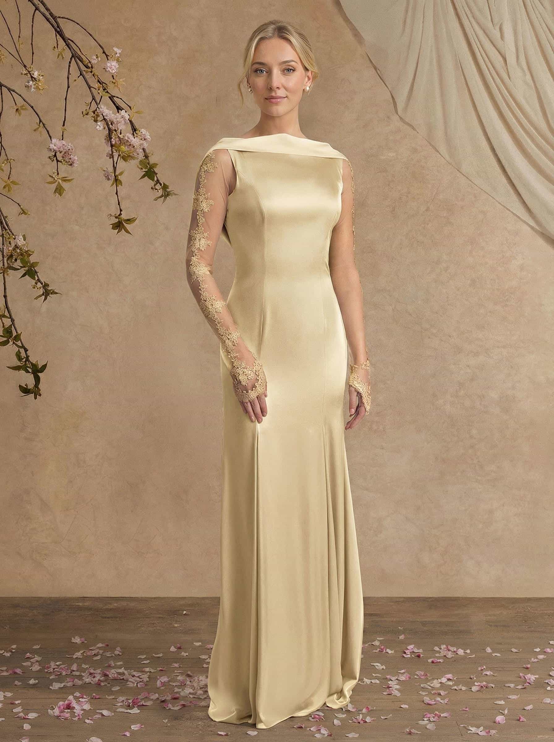 Sheath/Column Long Sleeves Sweep Train Crepe Satin Mother Of The Bride Dresses With Appliques Lace