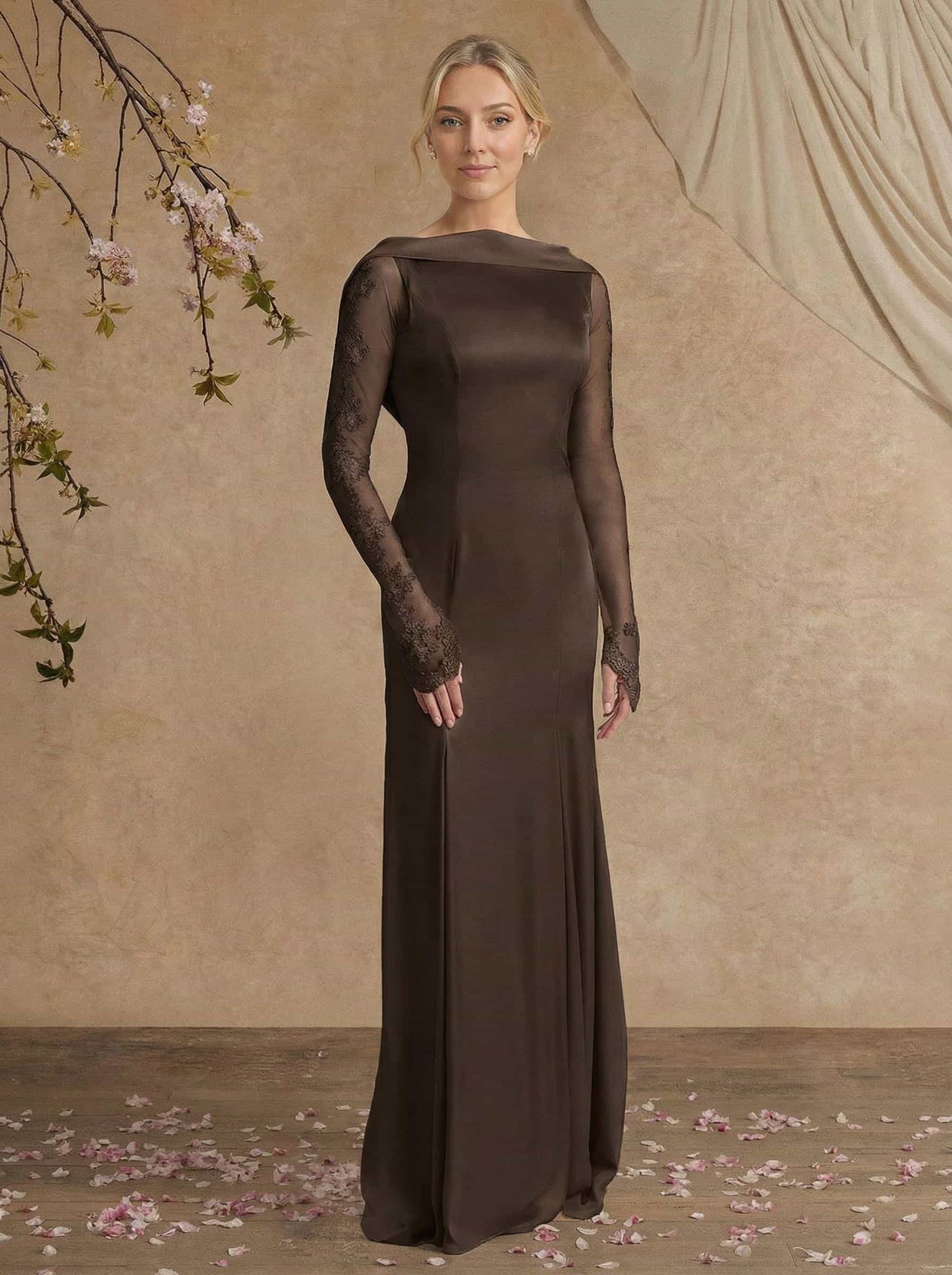 Sheath/Column Long Sleeves Sweep Train Crepe Satin Mother Of The Bride Dresses With Appliques Lace