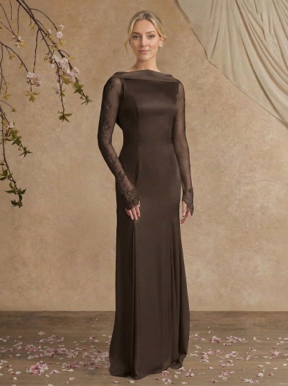 Sheath/Column Long Sleeves Sweep Train Crepe Satin Mother Of The Bride Dresses With Appliques Lace