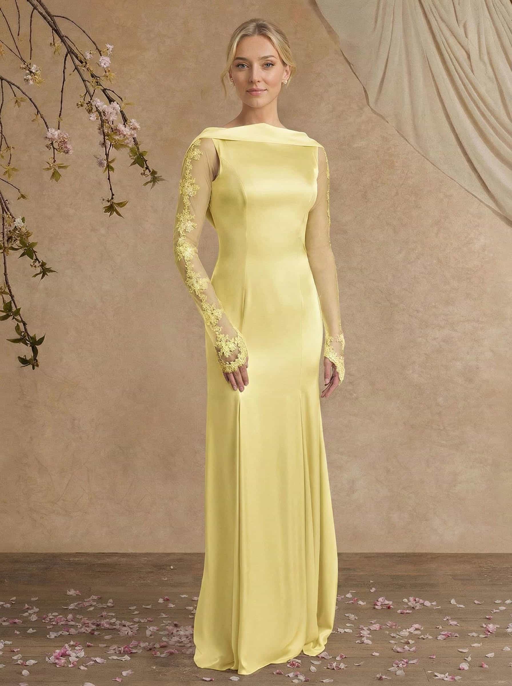 Sheath/Column Long Sleeves Sweep Train Crepe Satin Mother Of The Bride Dresses With Appliques Lace
