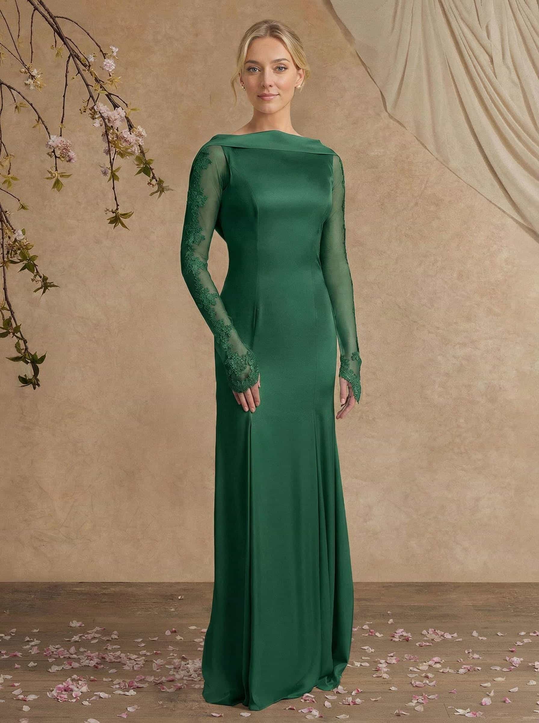 Sheath/Column Long Sleeves Sweep Train Crepe Satin Mother Of The Bride Dresses With Appliques Lace