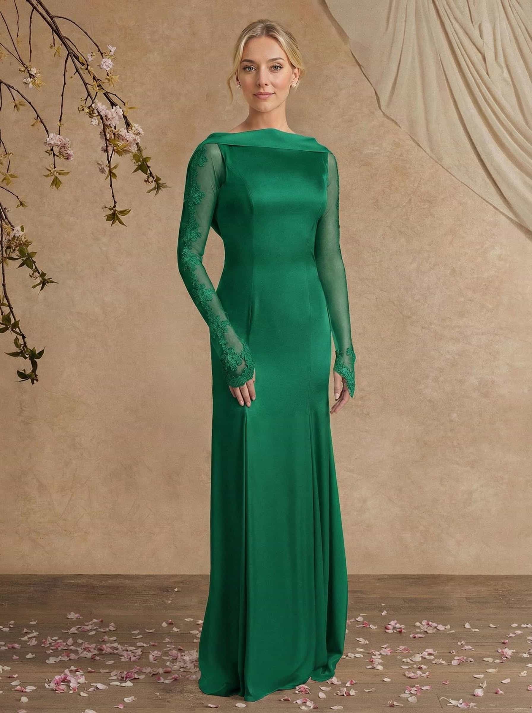 Sheath/Column Long Sleeves Sweep Train Crepe Satin Mother Of The Bride Dresses With Appliques Lace