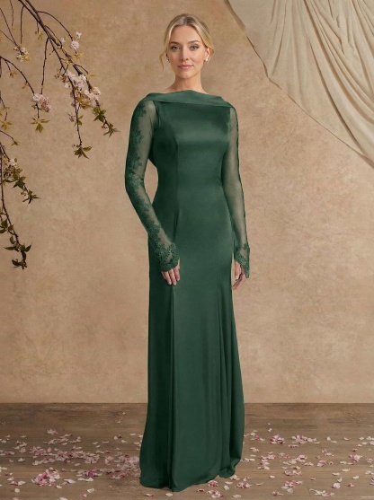Sheath/Column Long Sleeves Sweep Train Crepe Satin Mother Of The Bride Dresses With Appliques Lace
