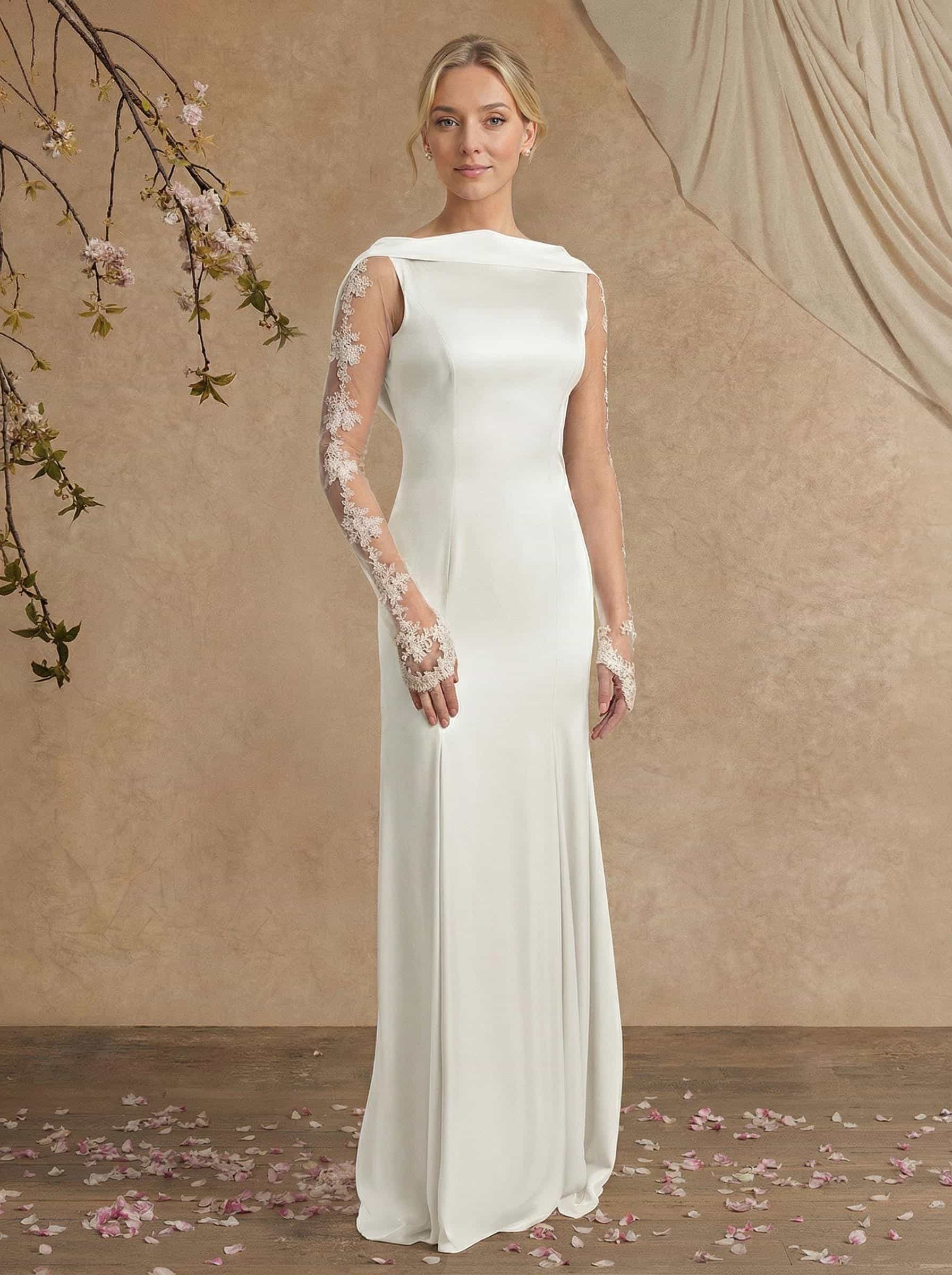 Sheath/Column Long Sleeves Sweep Train Crepe Satin Mother Of The Bride Dresses With Appliques Lace