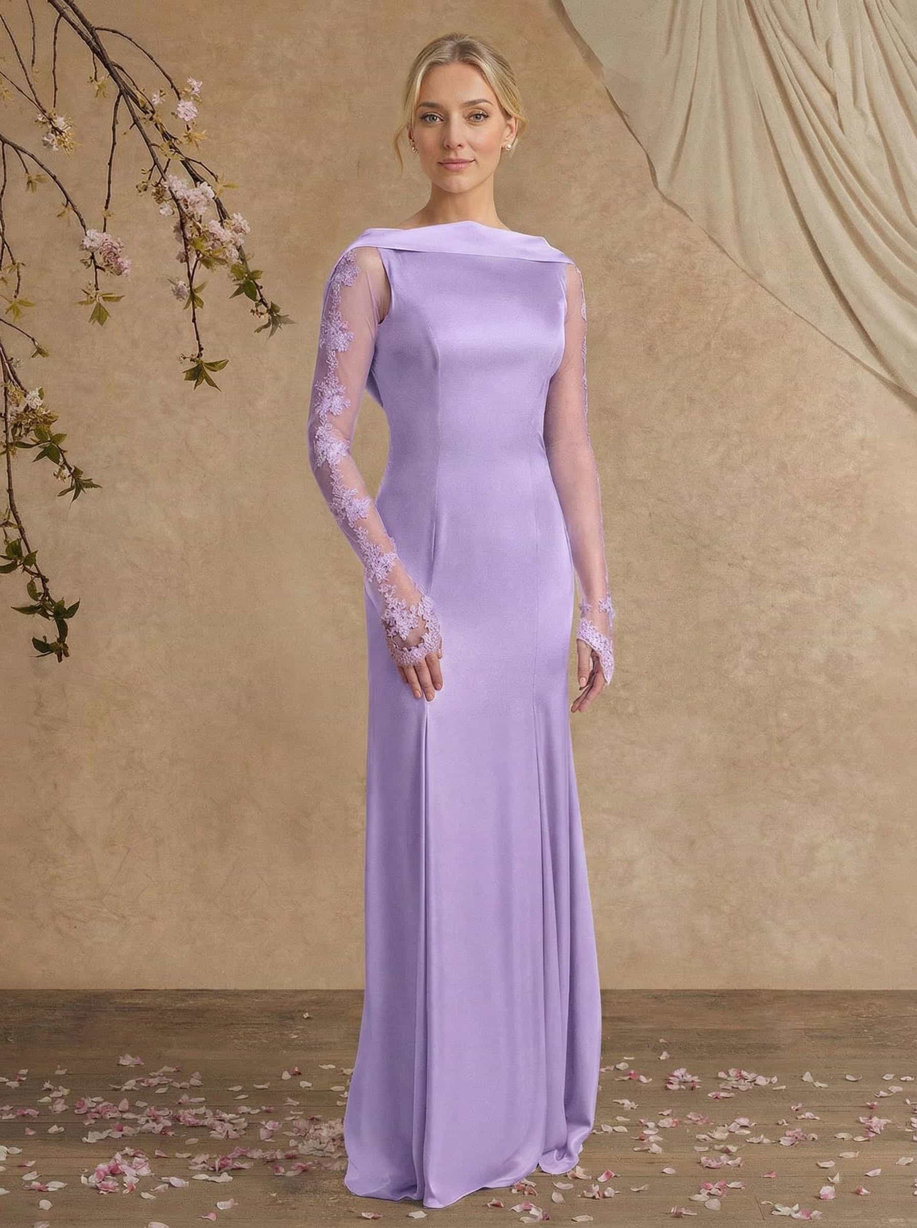 Sheath/Column Long Sleeves Sweep Train Crepe Satin Mother Of The Bride Dresses With Appliques Lace