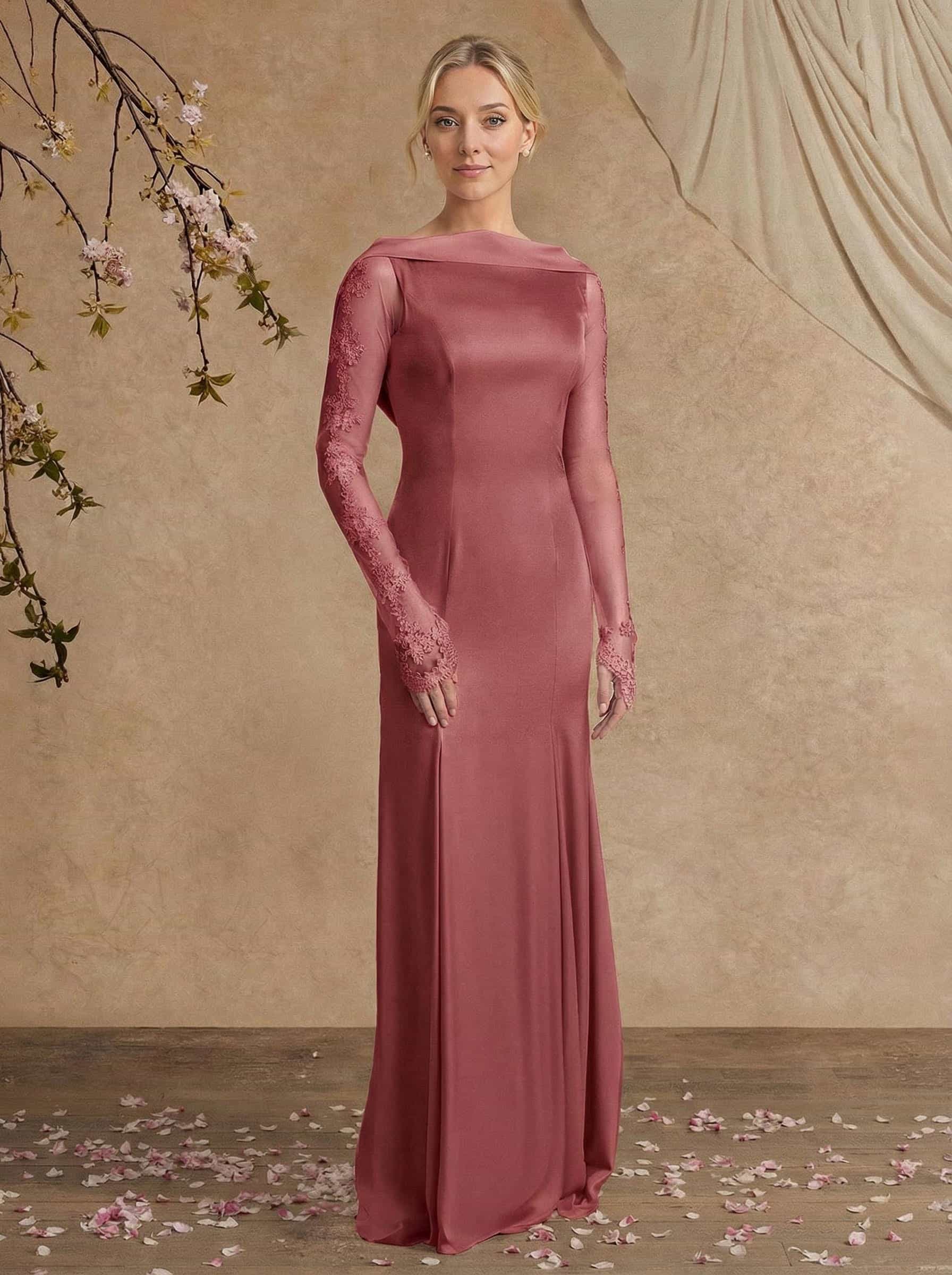 Sheath/Column Long Sleeves Sweep Train Crepe Satin Mother Of The Bride Dresses With Appliques Lace