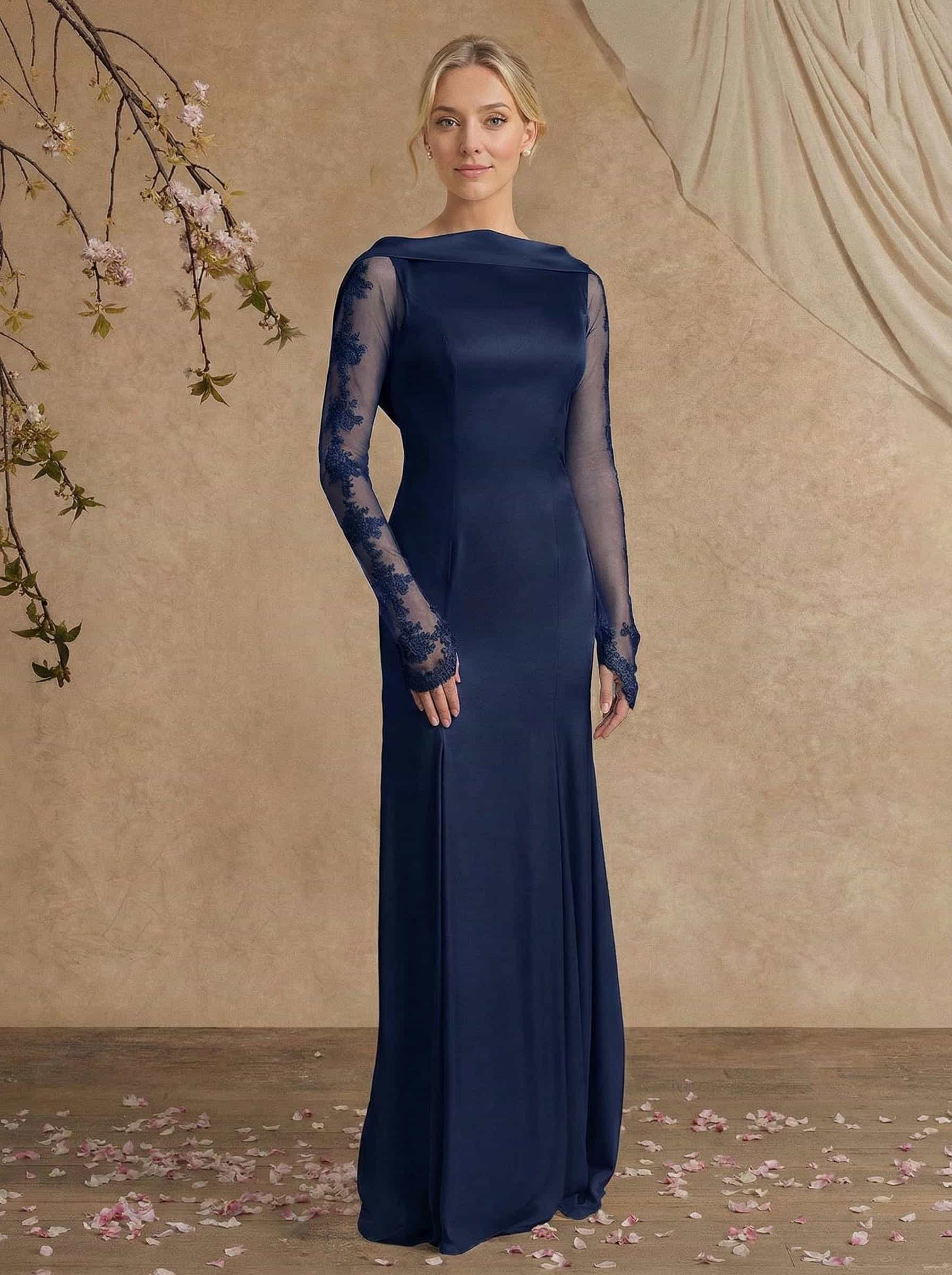 Sheath/Column Long Sleeves Sweep Train Crepe Satin Mother Of The Bride Dresses With Appliques Lace