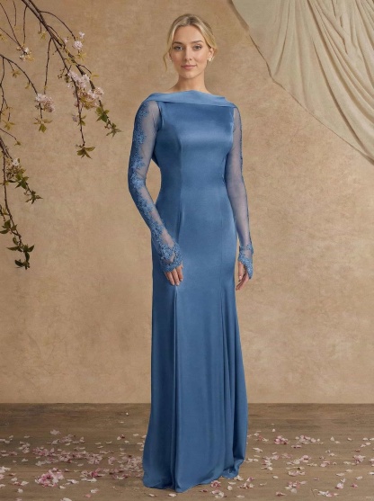 Sheath/Column Long Sleeves Sweep Train Crepe Satin Mother Of The Bride Dresses With Appliques Lace