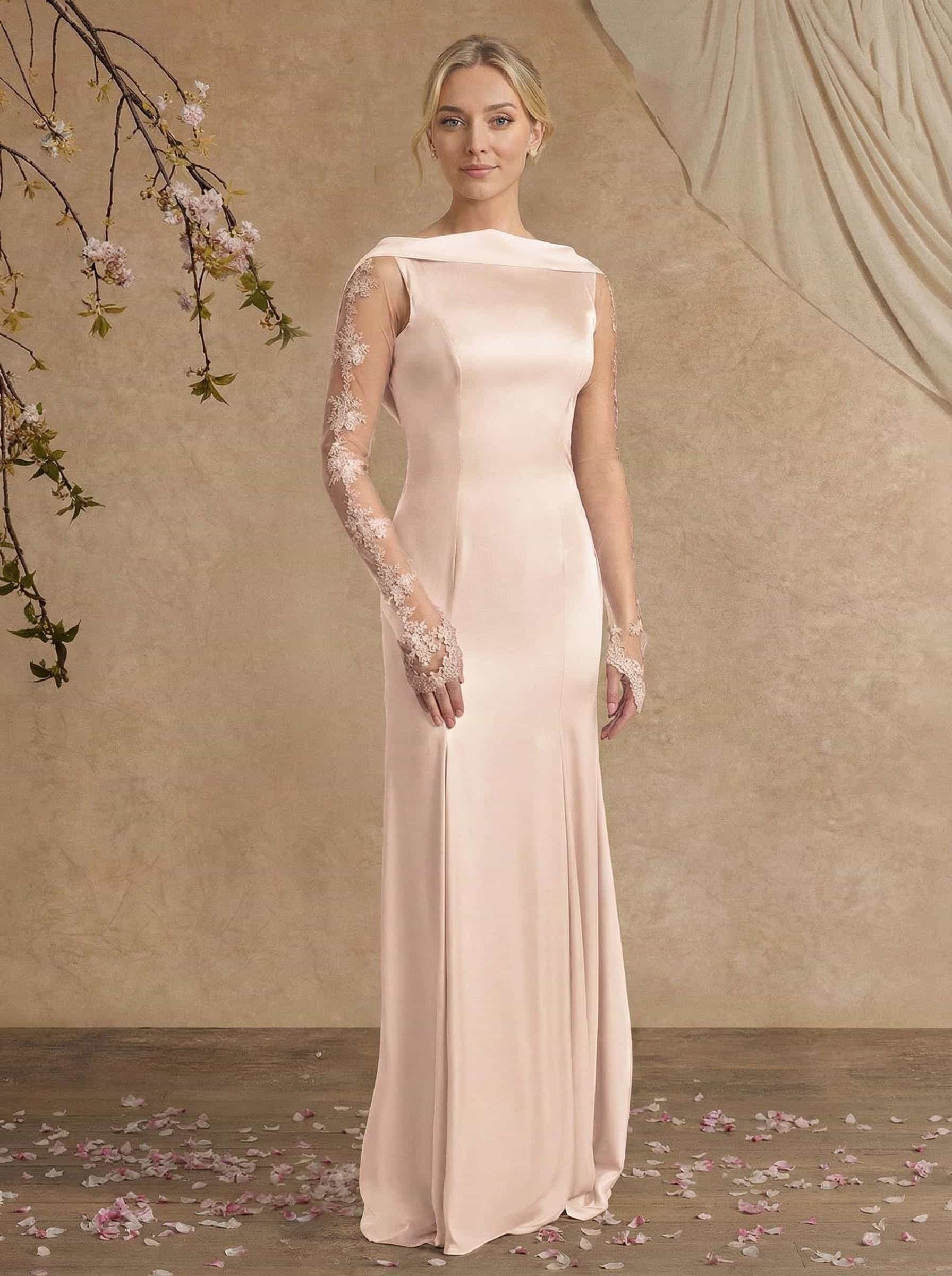 Sheath/Column Long Sleeves Sweep Train Crepe Satin Mother Of The Bride Dresses With Appliques Lace