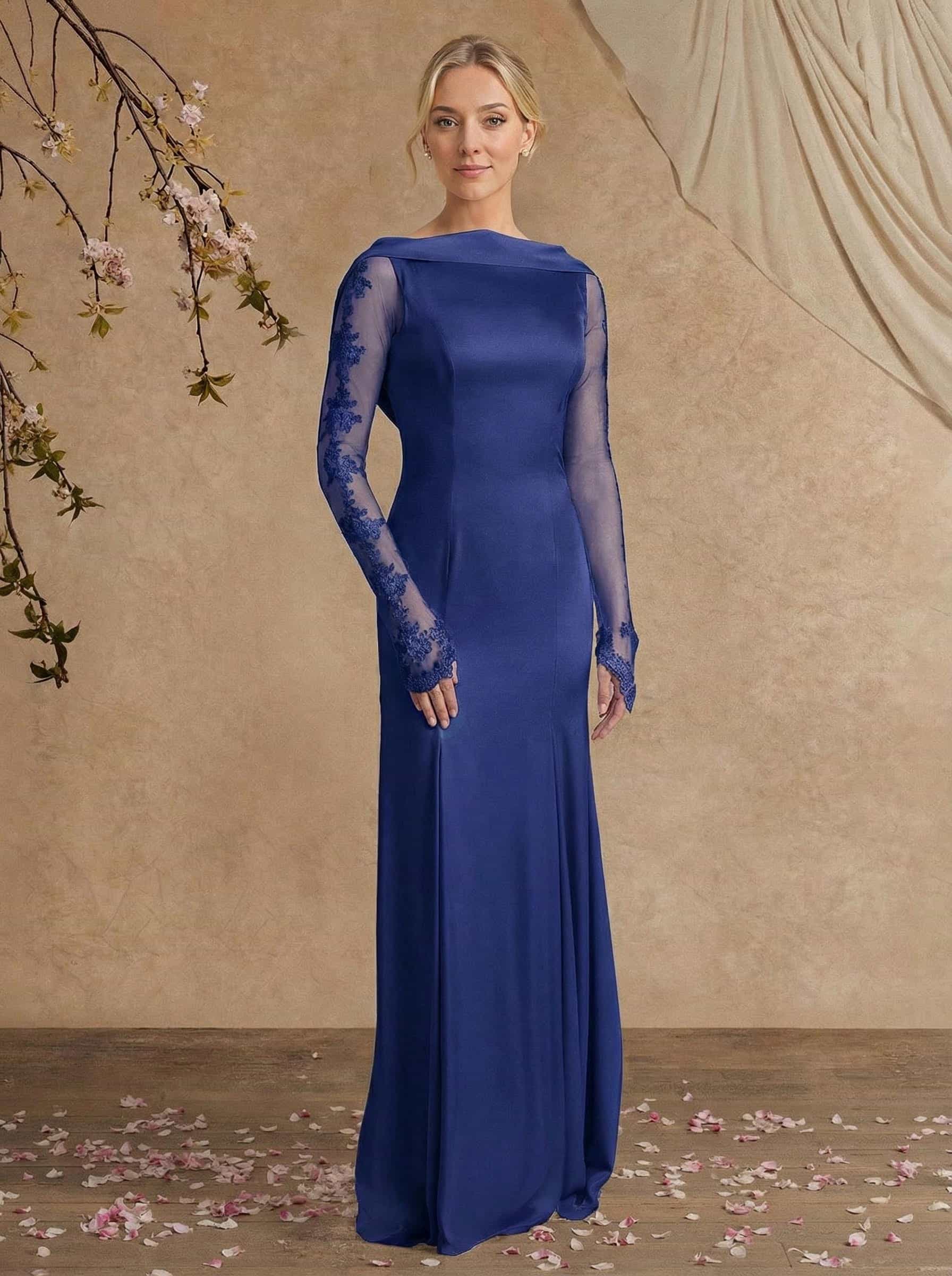 Sheath/Column Long Sleeves Sweep Train Crepe Satin Mother Of The Bride Dresses With Appliques Lace